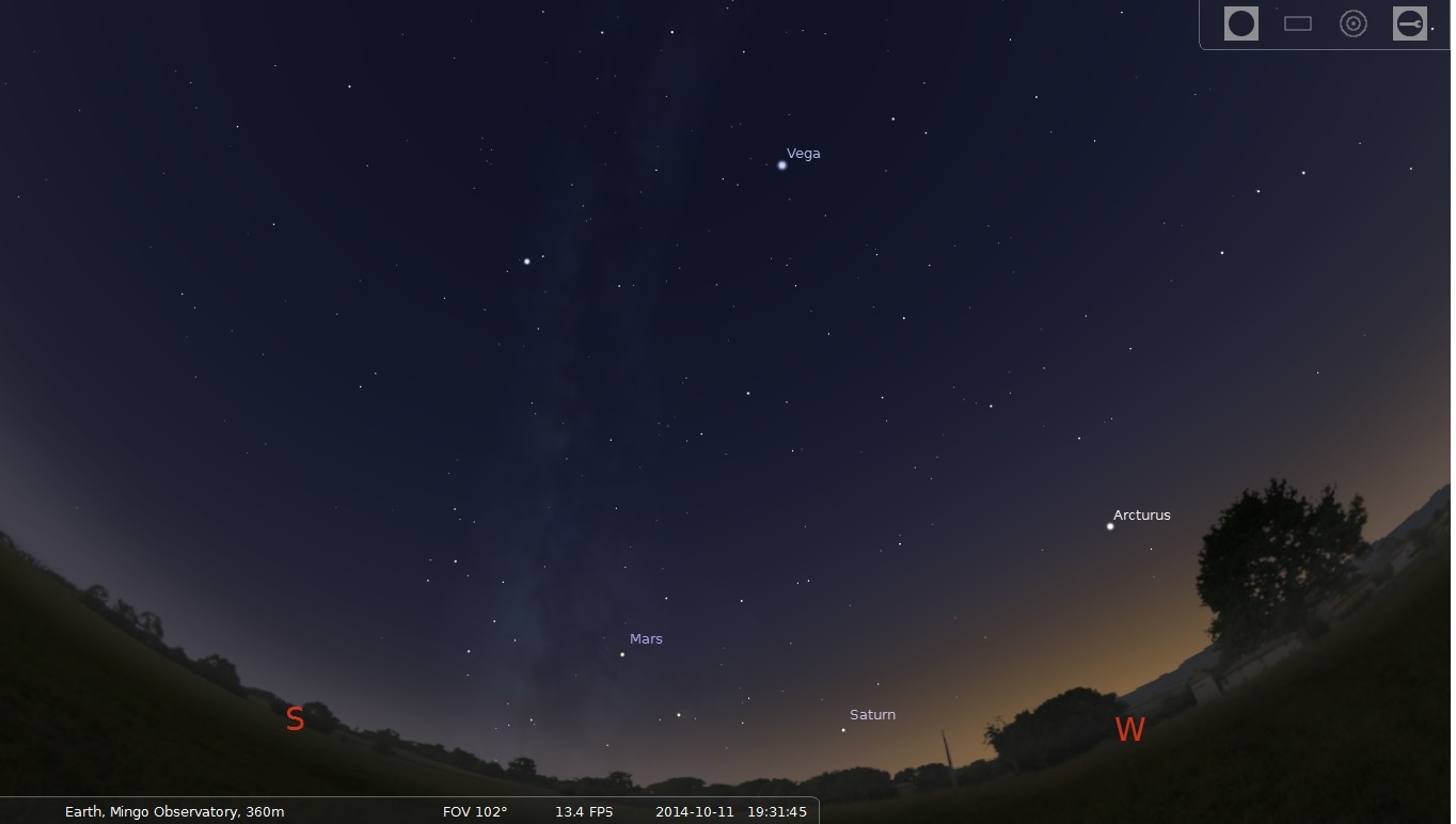 October 11, 2014, SW at 7:30 PM, bright planets Saturn and Mars above the horizon.