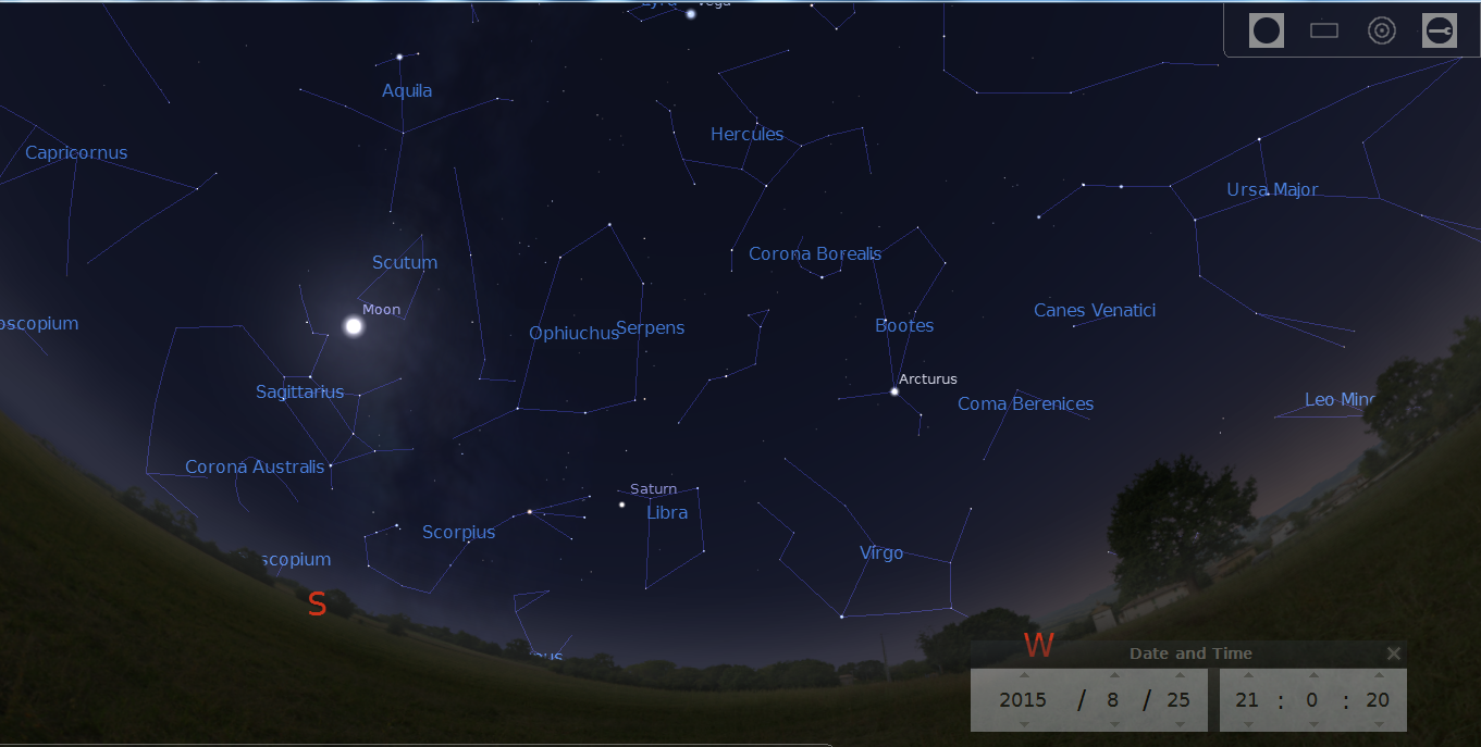 Stellarium screen capture of South West sky at 9 PM.. The Moon shines between the Moon in Sagitarius and Scutum. saturm shines between Scorpius and Libra. Bright star Arcturus is higher and to the West.