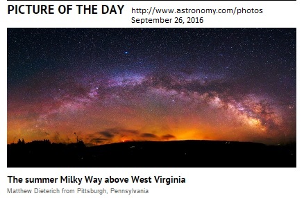 Summer Milky Way Over West Virginia by Matt Dieterich wins Astronomy Magazine Picture of the Day , September 26, 2016.